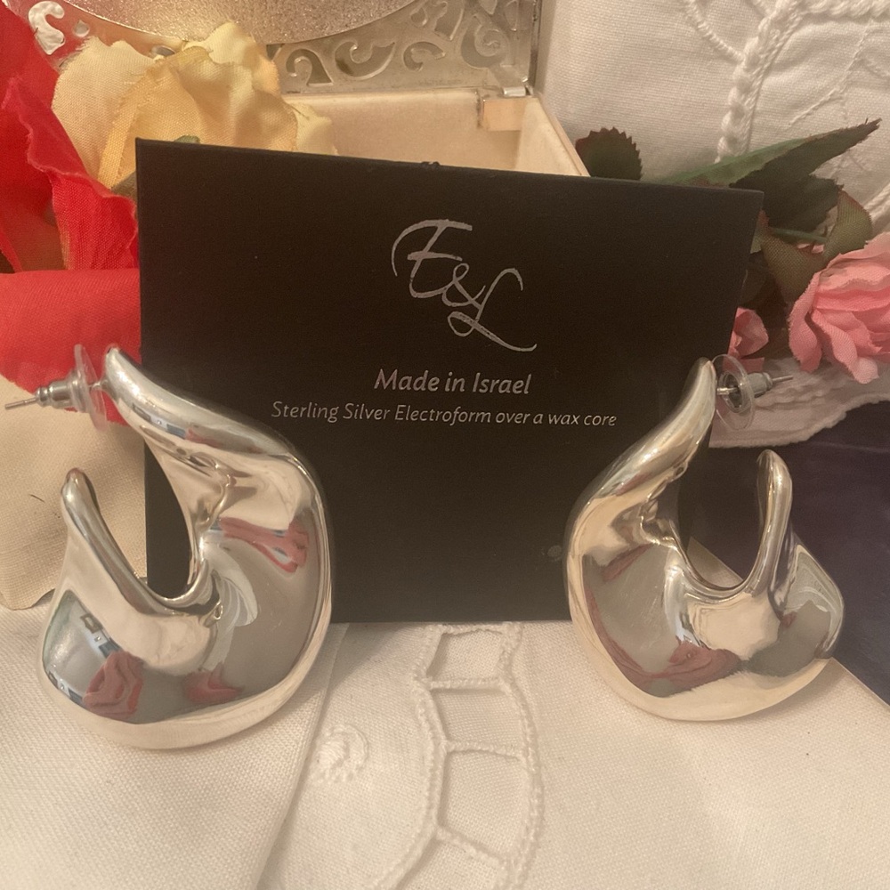 MADE IN ISRAEL E&L STERLING SILVER ELECTROFORM LARGE BEAUTIFUL HOOP EARRINGS